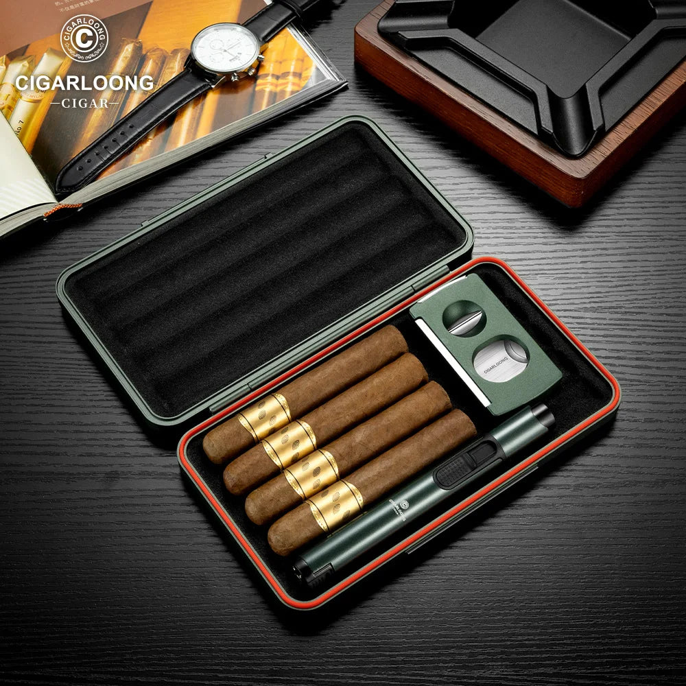 3-Piece Cigar Accessory Travel Case with Torch Lighter, V-Cutter & Humidor | Premium Aluminum Gift Set