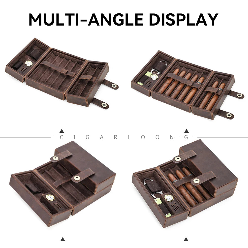 Leather Cigar Travel Case - 7 Cigar Humidor with Hygrometer - Portable Storage Box with Cutter & Lighter Holder