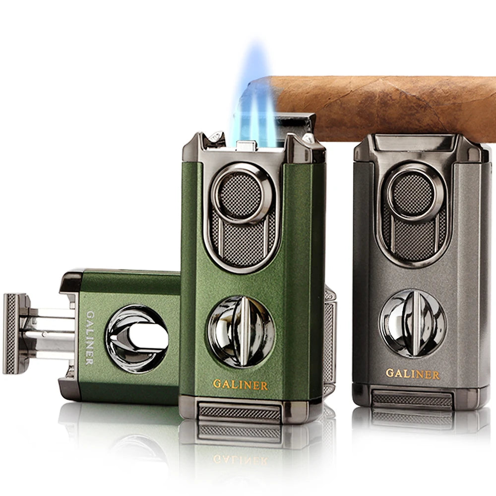 3-in-1 Cigar Torch Lighter with Punch Cutter & Rest - Refillable Butane Windproof Lighter | Premium Cigar Accessories