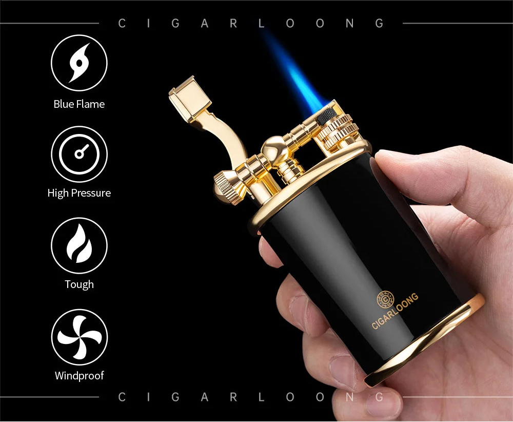 Cigar lighter with blue flame held by a hand, featuring Cigarloong branding.