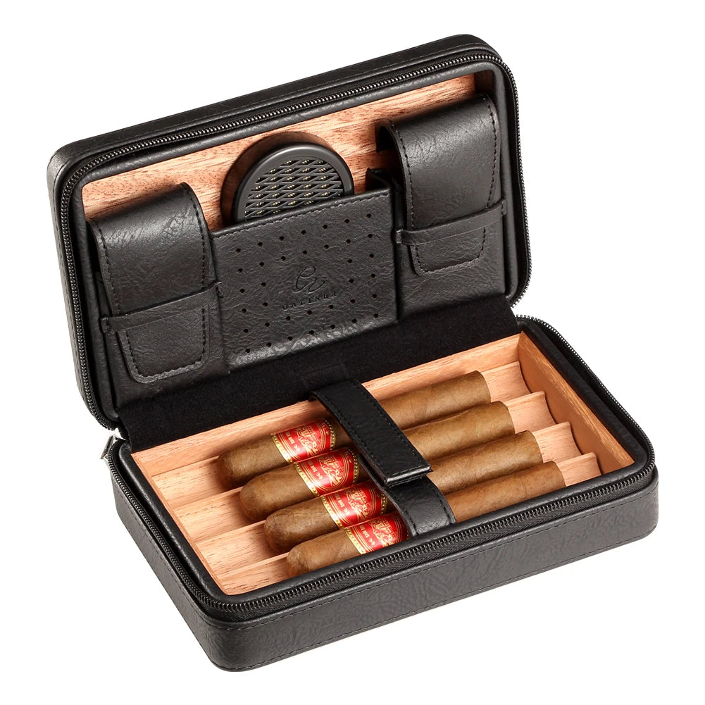 Leather Cigar Travel Case - 4 Cigar Humidor with Cedar Lining - Portable Storage with Cutter & Lighter Holder