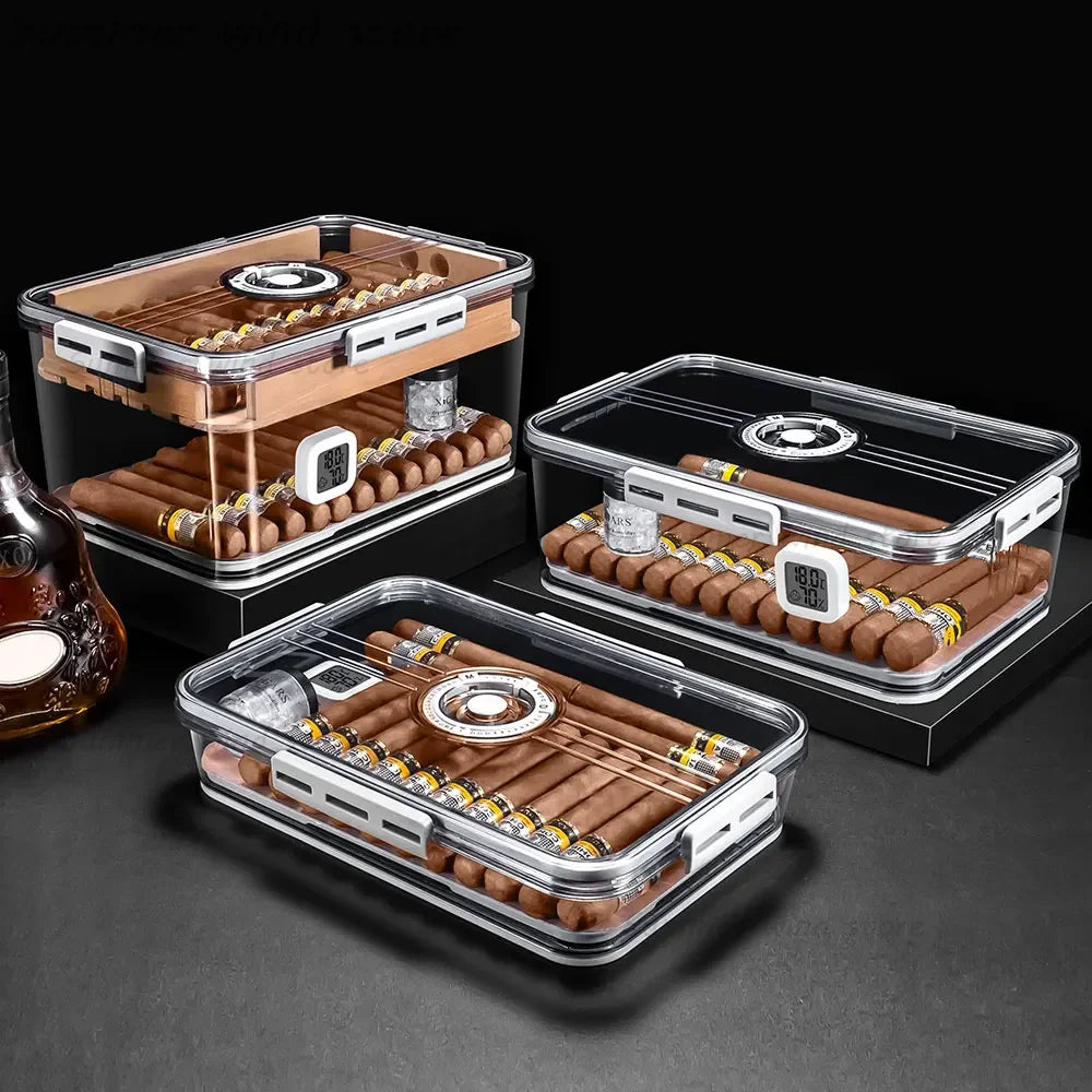 Acrylic Desktop Cigar Humidor with Cedar Wood - Transparent Display Box with Hygrometer & Humidifier | Modern Cigar Storage
