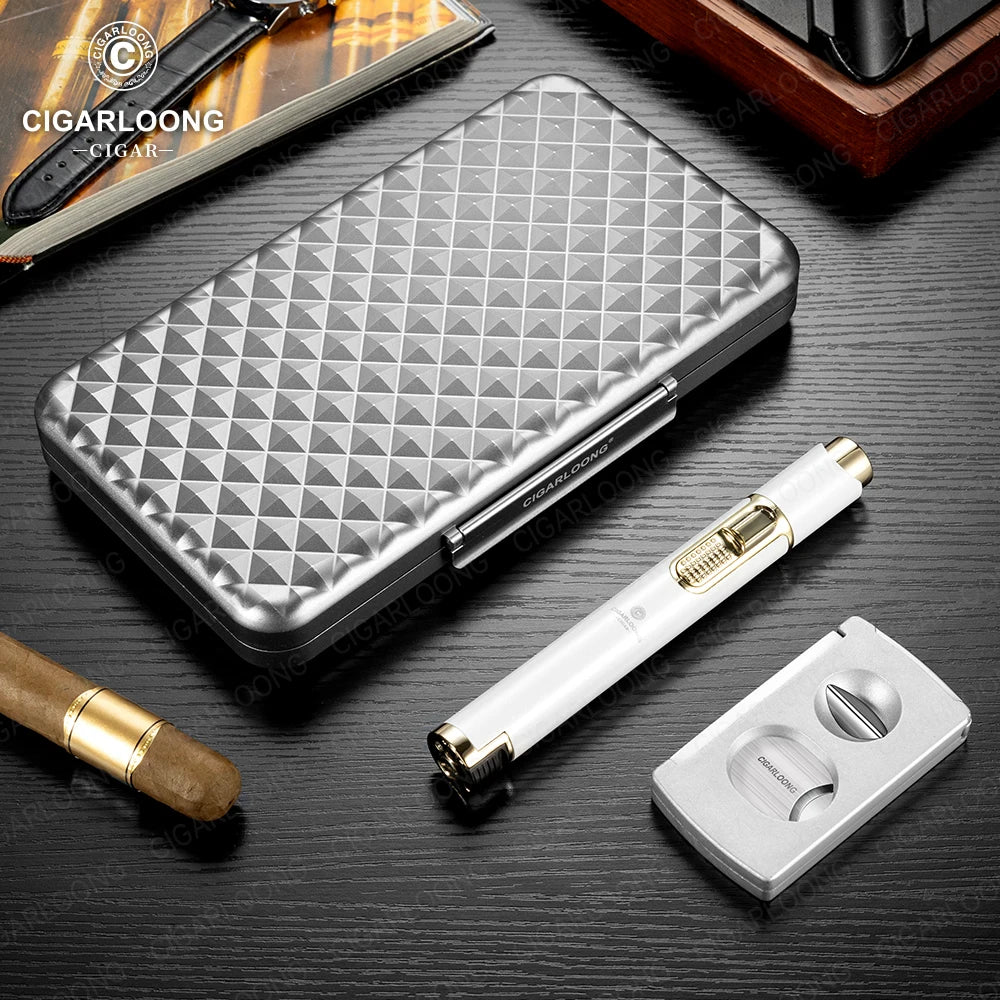 3-Piece Cigar Accessory Travel Case with Torch Lighter, V-Cutter & Humidor | Premium Aluminum Gift Set