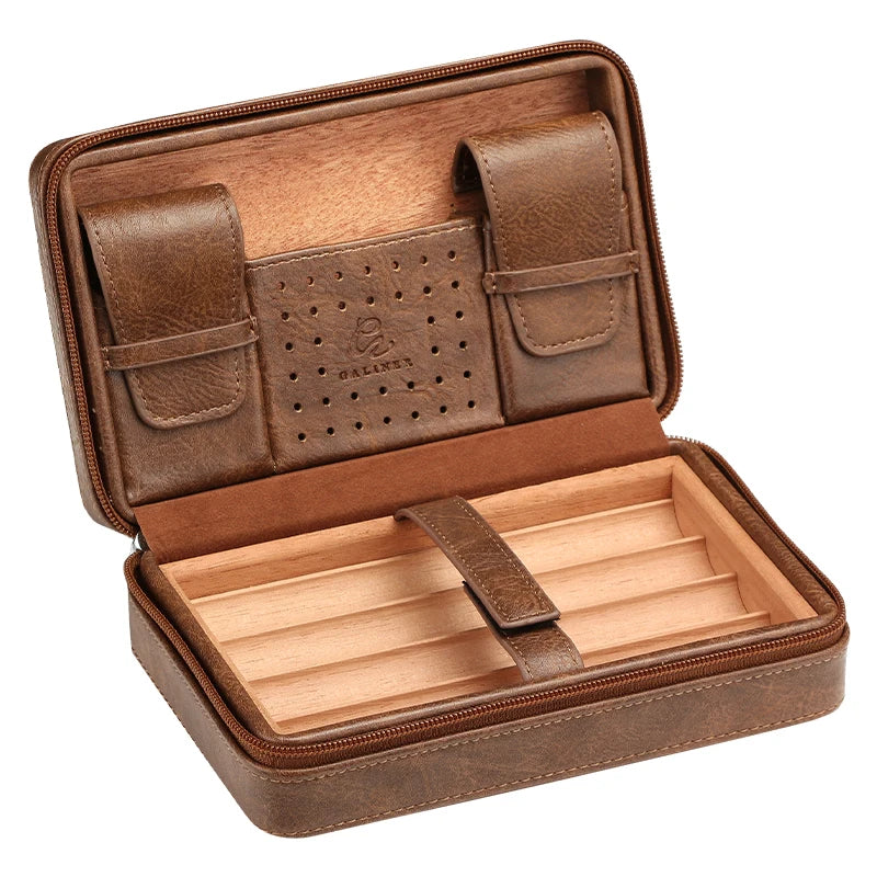 Leather Cigar Travel Case - 4 Cigar Humidor with Cedar Lining - Portable Storage with Cutter & Lighter Holder