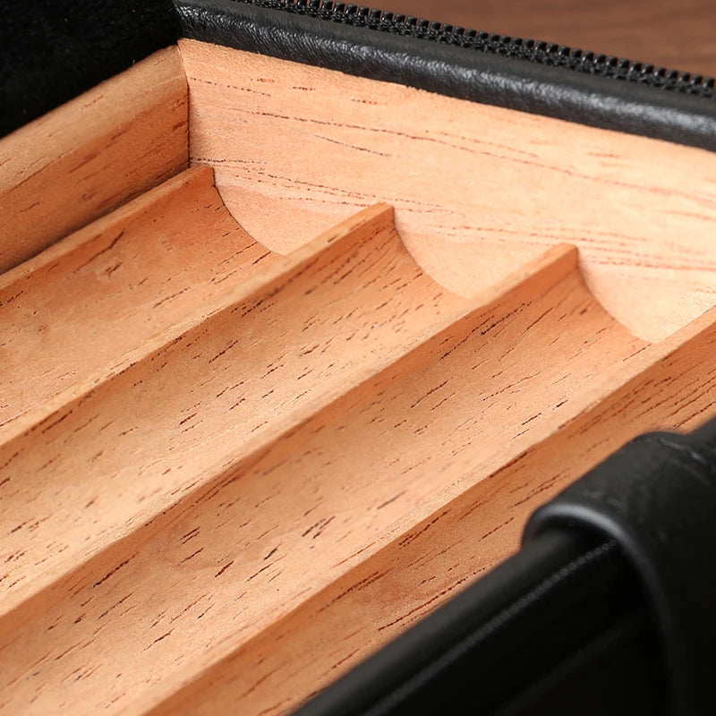 Leather Cigar Travel Case - 4 Cigar Humidor with Cedar Lining - Portable Storage with Cutter & Lighter Holder