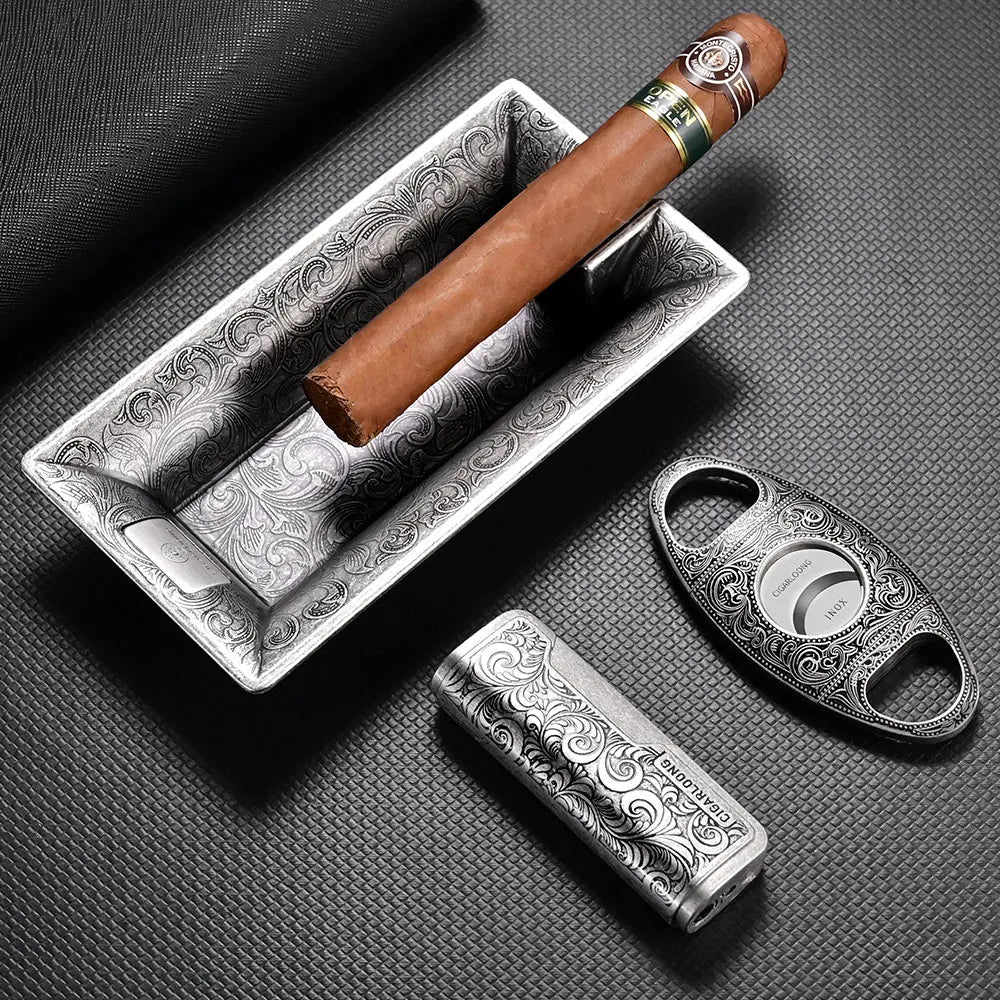 Premium Cigar Gift Set - Windproof Lighter, Cutter & Ashtray | Engraved Metal 3-Piece Cigar Accessories Kit