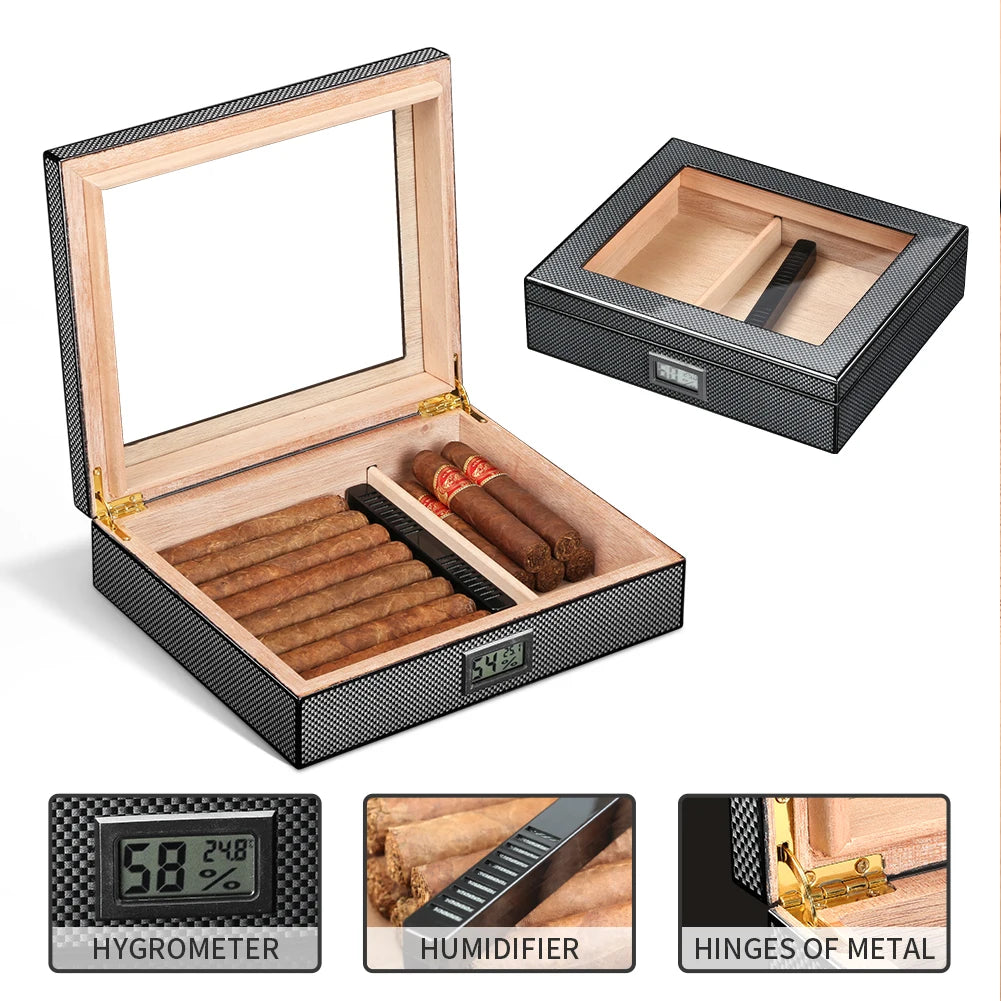 Portable Cedar Wood Travel Humidor with Glass Top - Digital Hygrometer & Humidifier | Compact Cigar Case