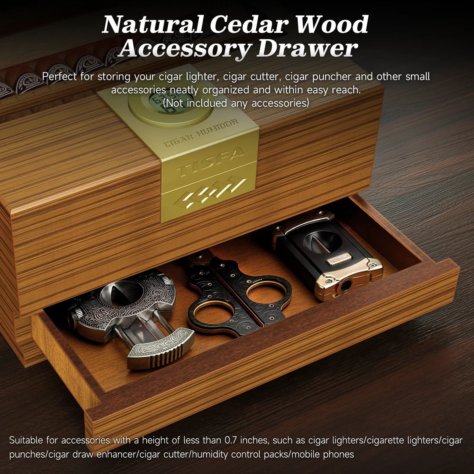 Cedar Wood Desktop Cigar Humidor with Glass Window & Digital Hygrometer - 15-30 Cigar Capacity | Pull-Out Drawer & Gel Humidifier Storage Box