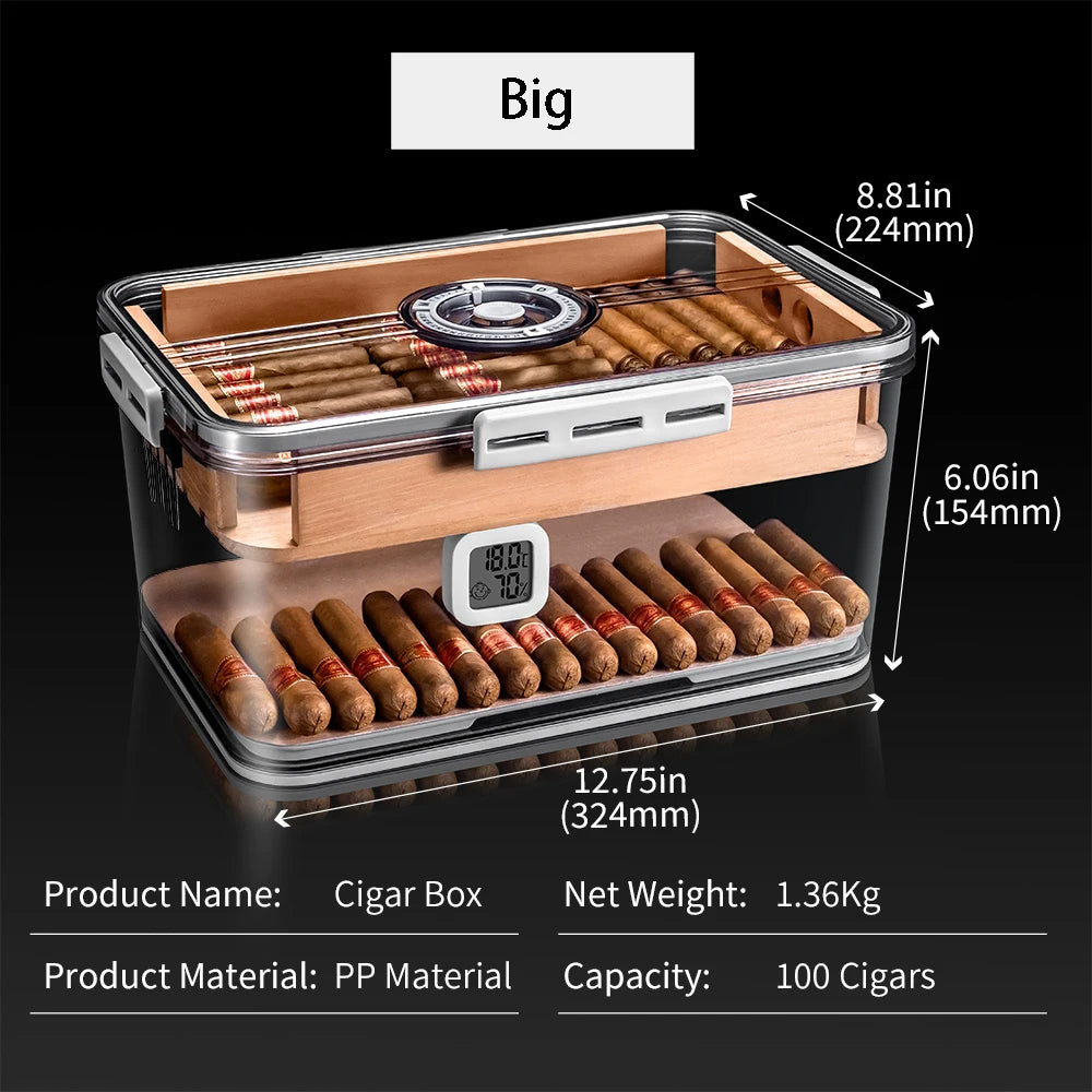 Acrylic Desktop Cigar Humidor with Cedar Wood - Transparent Display Box with Hygrometer & Humidifier | Modern Cigar Storage