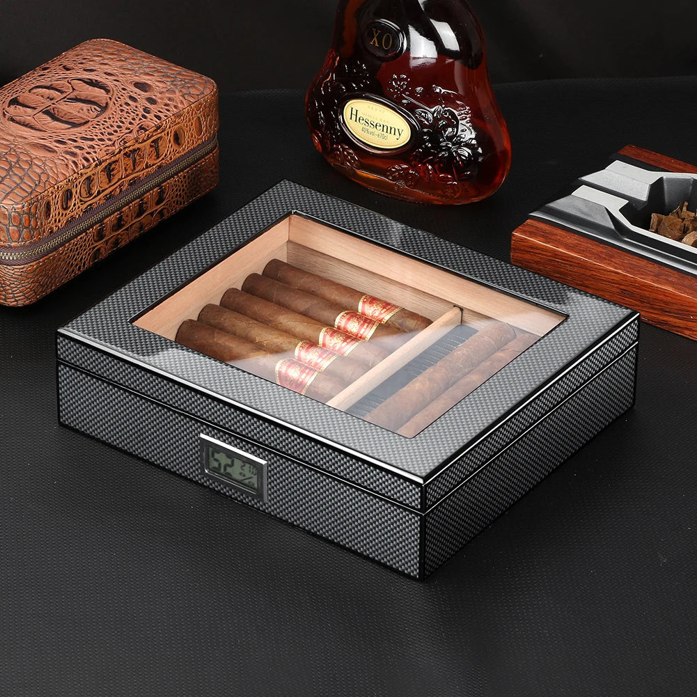 Portable Cedar Wood Travel Humidor with Glass Top - Digital Hygrometer & Humidifier | Compact Cigar Case