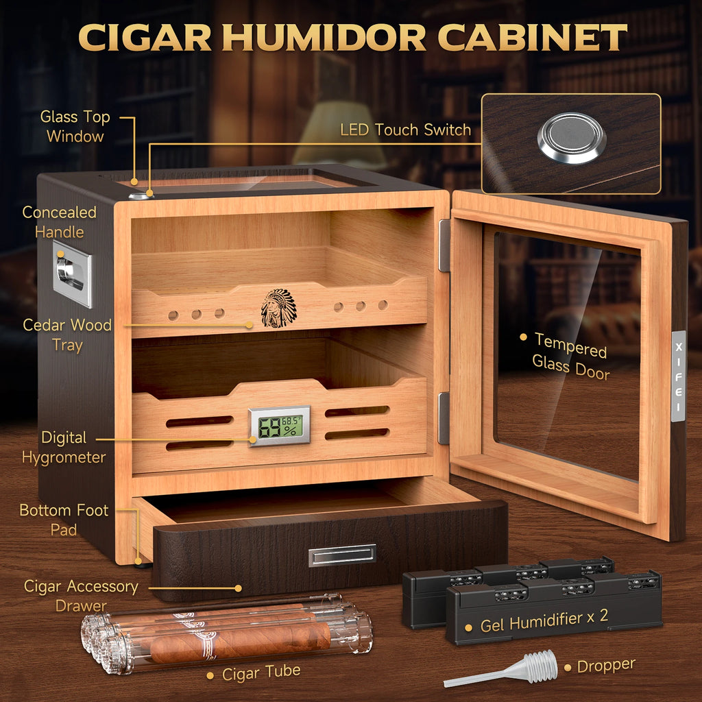 Desktop Cigar Humidor Cabinet - Cedar Wood 100 Cigar Capacity with Digital Hygrometer & LED Lighting | Premium Cigar Storage Box