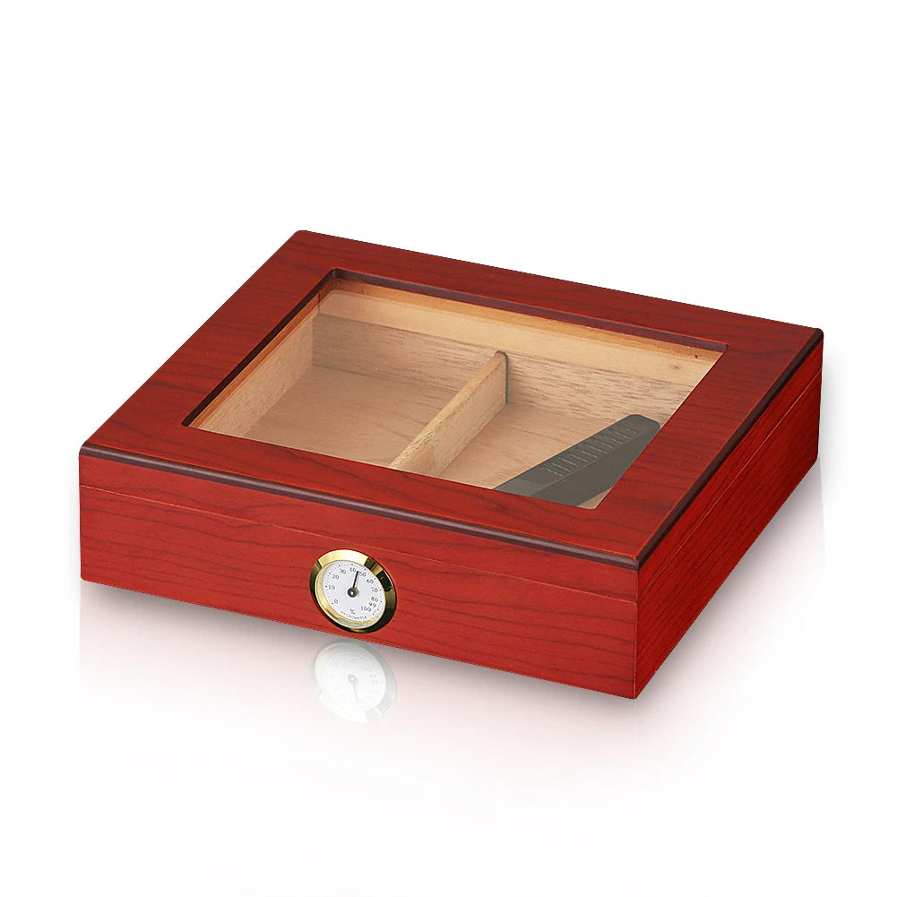 Portable Cedar Wood Travel Humidor with Glass Top - Digital Hygrometer & Humidifier | Compact Cigar Case
