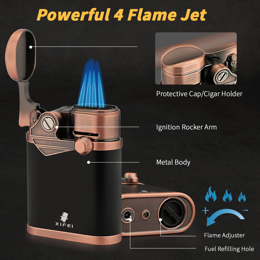 4 Jet Flame Torch Lighter with Built-In Cigar Holder - Refillable Butane Windproof Lighter | Adjustable Flame Desktop Rocker Ignition
