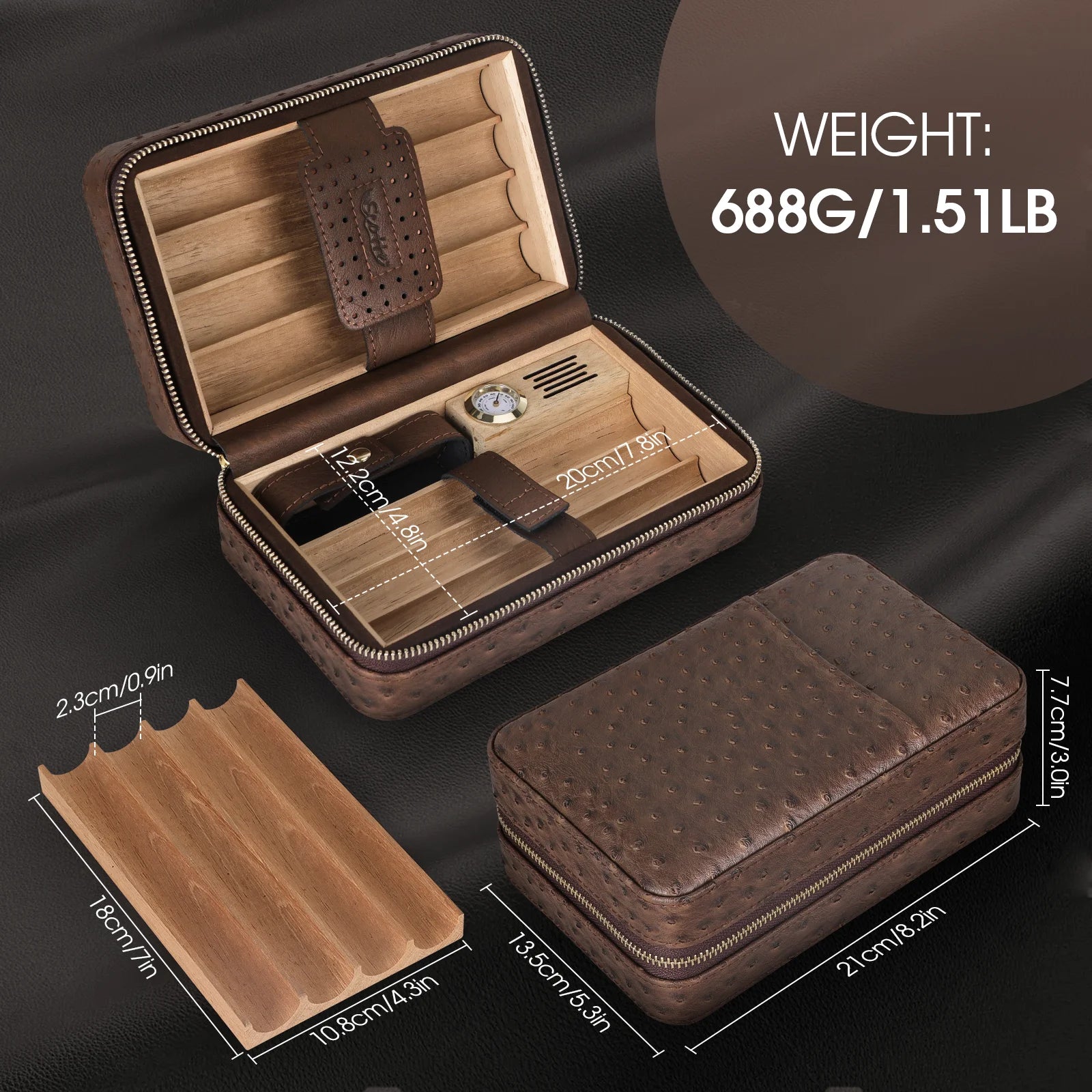 Cedar Wood Travel Cigar Humidor Set | Leather Case with Lighter & Cutter