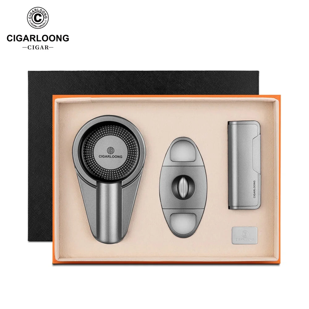 Cigar accessories set including a humidor, cutter, and lighter in a Cigarloong branded box.