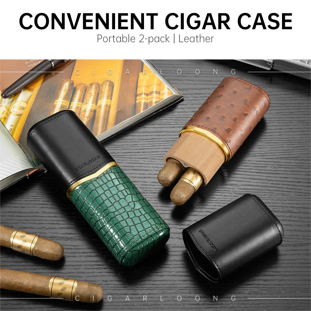 Premium Leather 2-Cigar Travel Case with Cedar Wood Lining - Portable Cigar Tube Holder | Exotic Leather Patterns