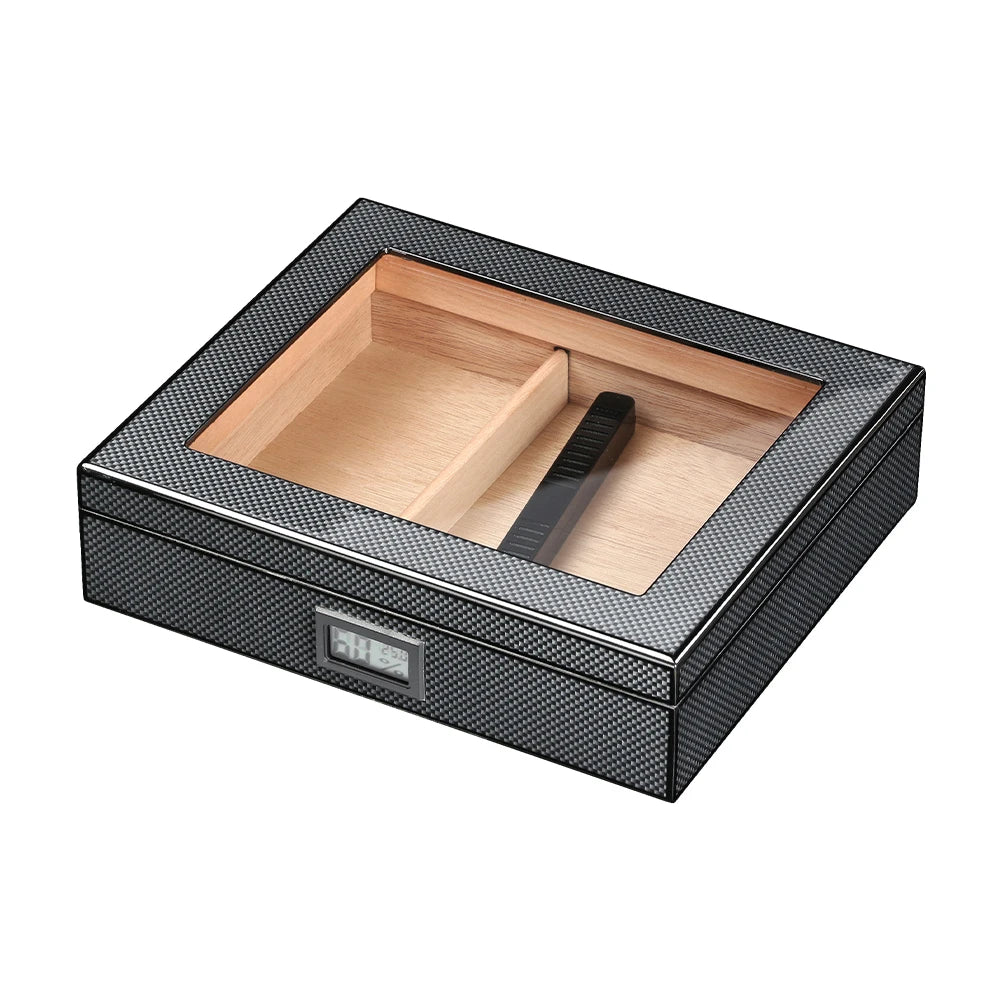 Portable Cedar Wood Travel Humidor with Glass Top - Digital Hygrometer & Humidifier | Compact Cigar Case