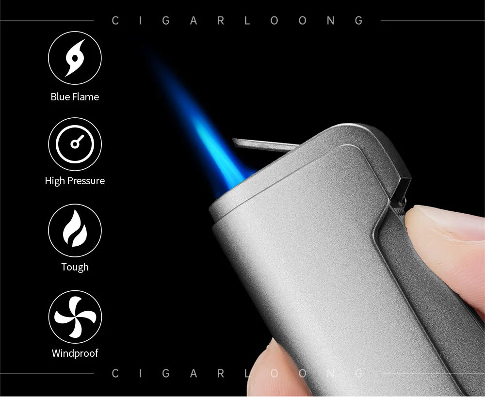 Windproof flame lighter with blue flame on a black background, featuring Cigarloong branding.