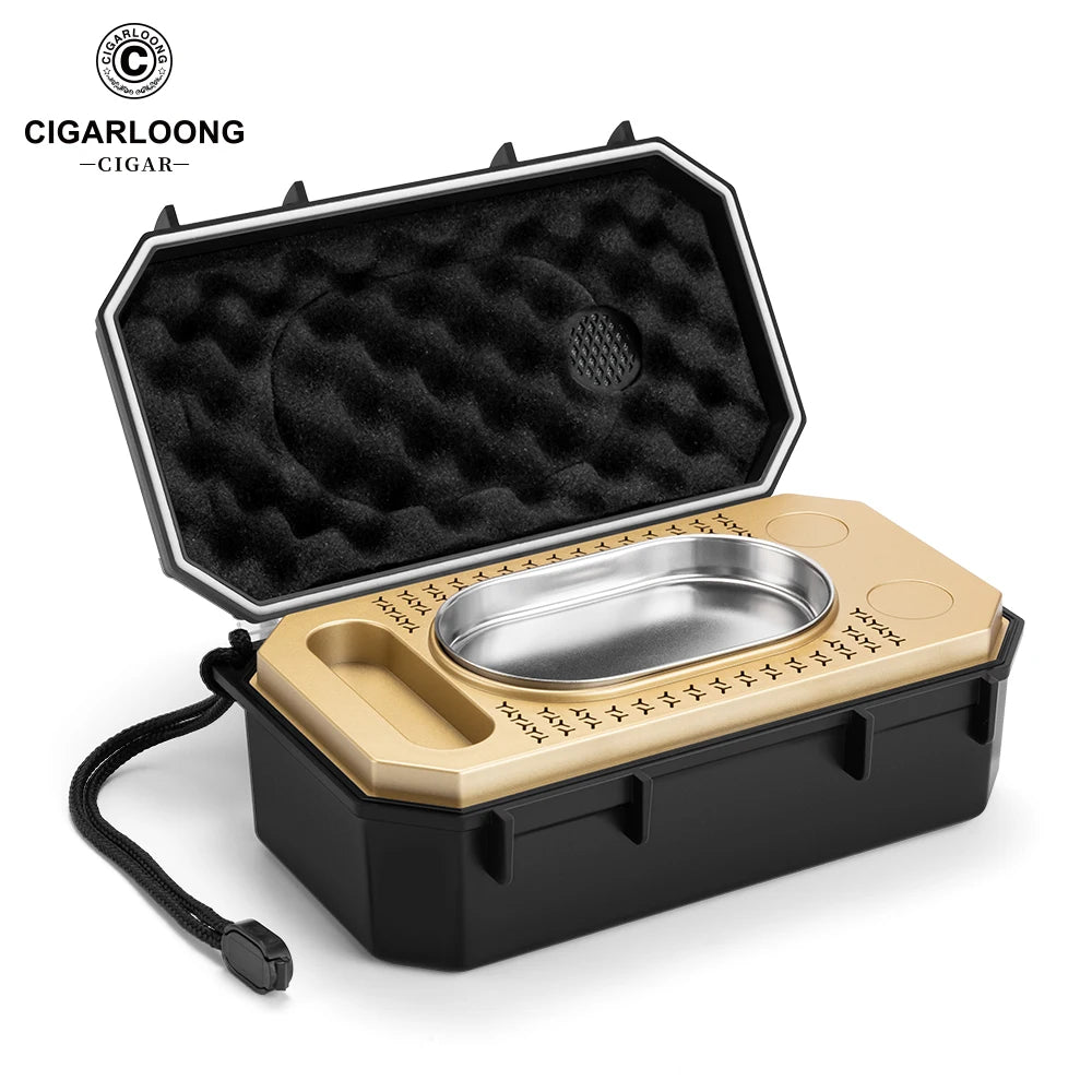 Portable Cigar Humidor Case - 10 Cigar Travel Holder with Hygrometer & Humidifier - Waterproof Storage Box