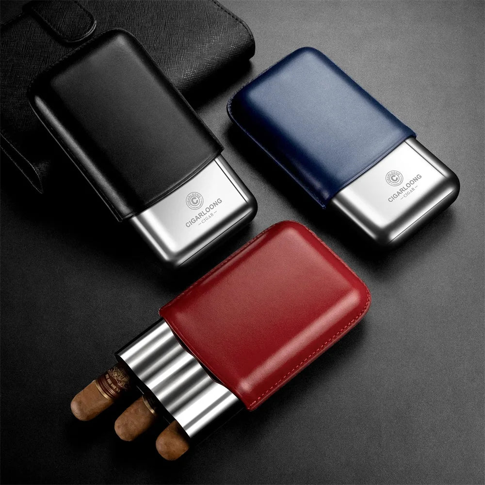 Leather 3-Cigar Travel Case with Stainless Steel Shell - Premium Cowhide Portable Humidor | Cigar Tube Holder