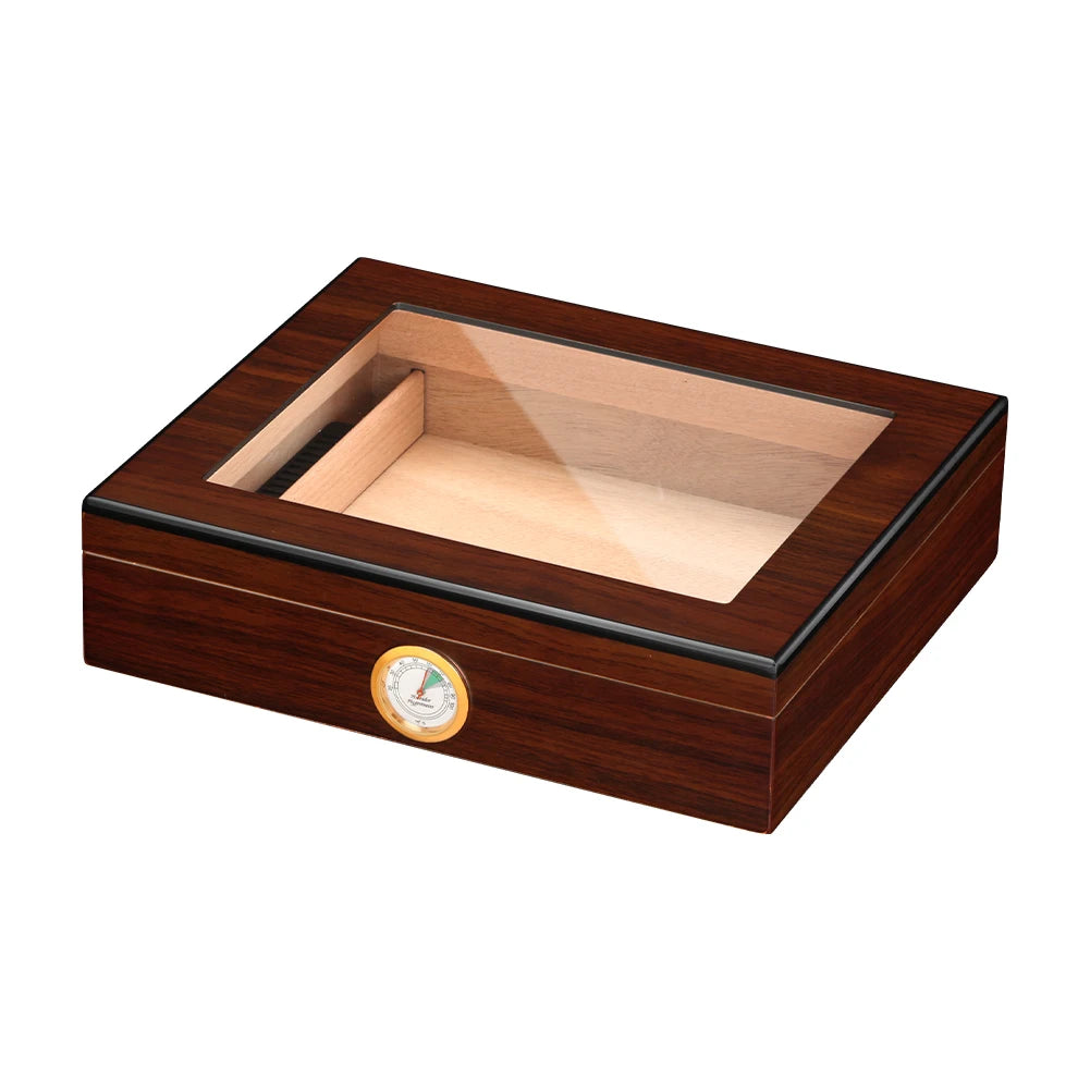 Portable Cedar Wood Travel Humidor with Glass Top - Digital Hygrometer & Humidifier | Compact Cigar Case