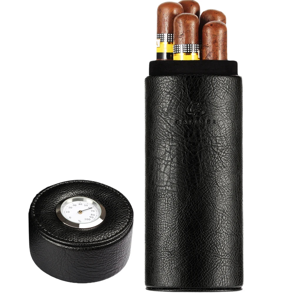Portable Travel Cigar Humidor Tube - Leather & Cedar Wood with Hygrometer & Humidifier | Black Cigar Case