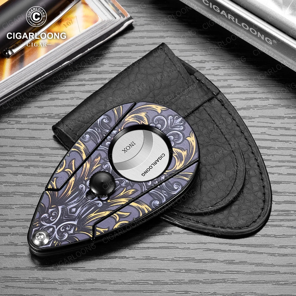 Guillotine Cigar Cutter with Leather Case - Stainless Steel Sharp Blade - Semi-Automatic 21mm Cutter