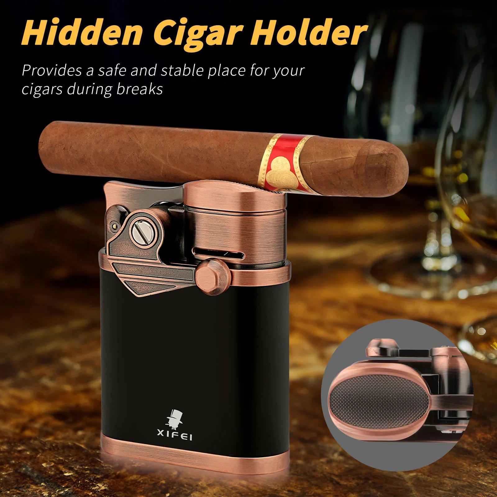 4 Jet Flame Torch Lighter with Built-In Cigar Holder - Refillable Butane Windproof Lighter | Adjustable Flame Desktop Rocker Ignition