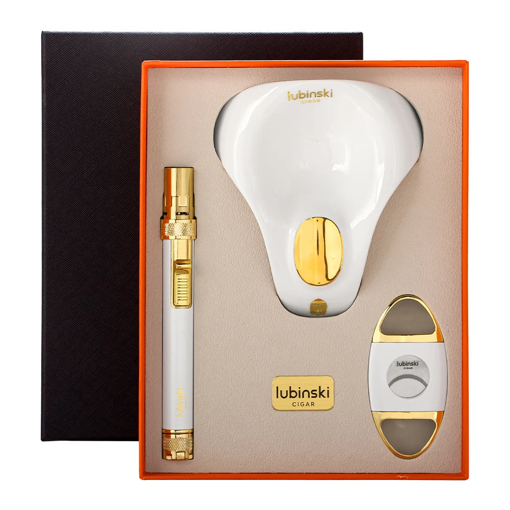Cigar Accessories Gift Set - Torch Lighter, Cutter & Ceramic Ashtray in Luxury Box | Complete Cigar Starter Kit