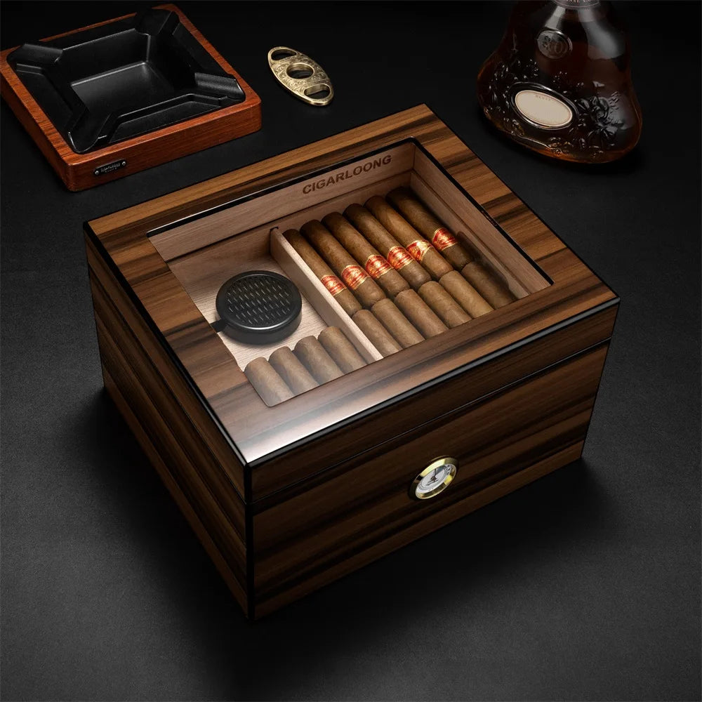 Spanish Cedar Cigar Humidor with Hygrometer & Humidifier - Large Capacity Glass Top Humidor | Premium Ebony Grain Wood Storage Box