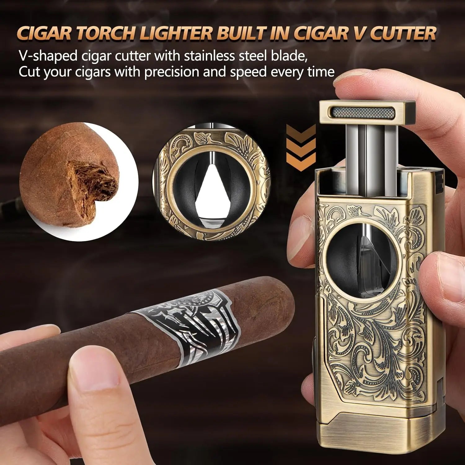 4 Jet Flame Cigar Lighter Set | V-Cut Cutter, Punch & Holder Gift Box