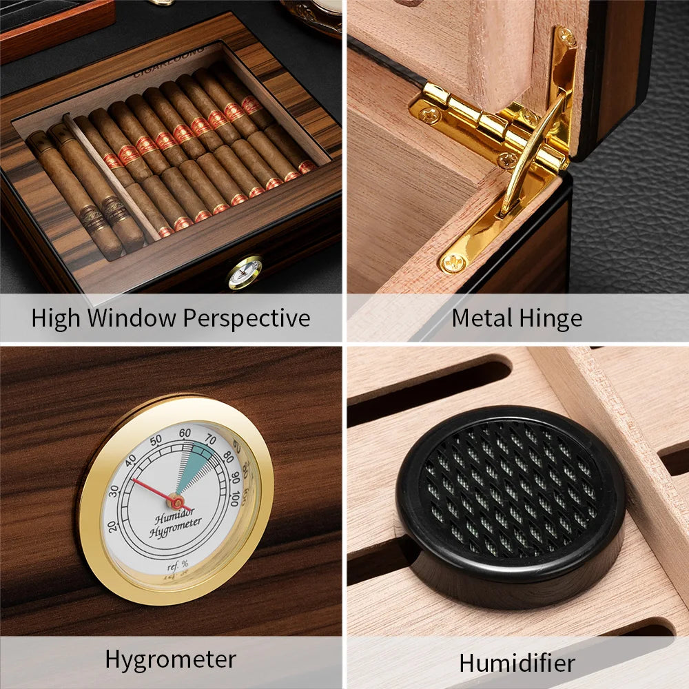 Spanish Cedar Cigar Humidor with Hygrometer & Humidifier - Large Capacity Glass Top Humidor | Premium Ebony Grain Wood Storage Box