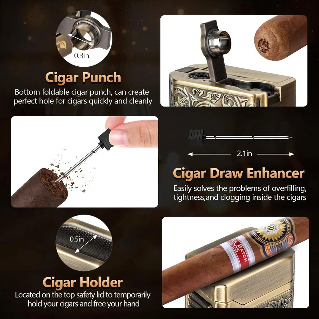 4 Jet Flame Cigar Lighter Set | V-Cut Cutter, Punch & Holder Gift Box