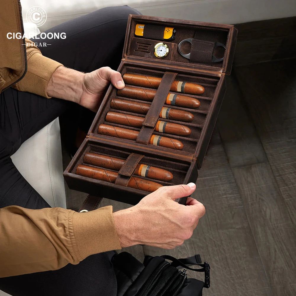 Leather Cigar Travel Case - 7 Cigar Humidor with Hygrometer - Portable Storage Box with Cutter & Lighter Holder