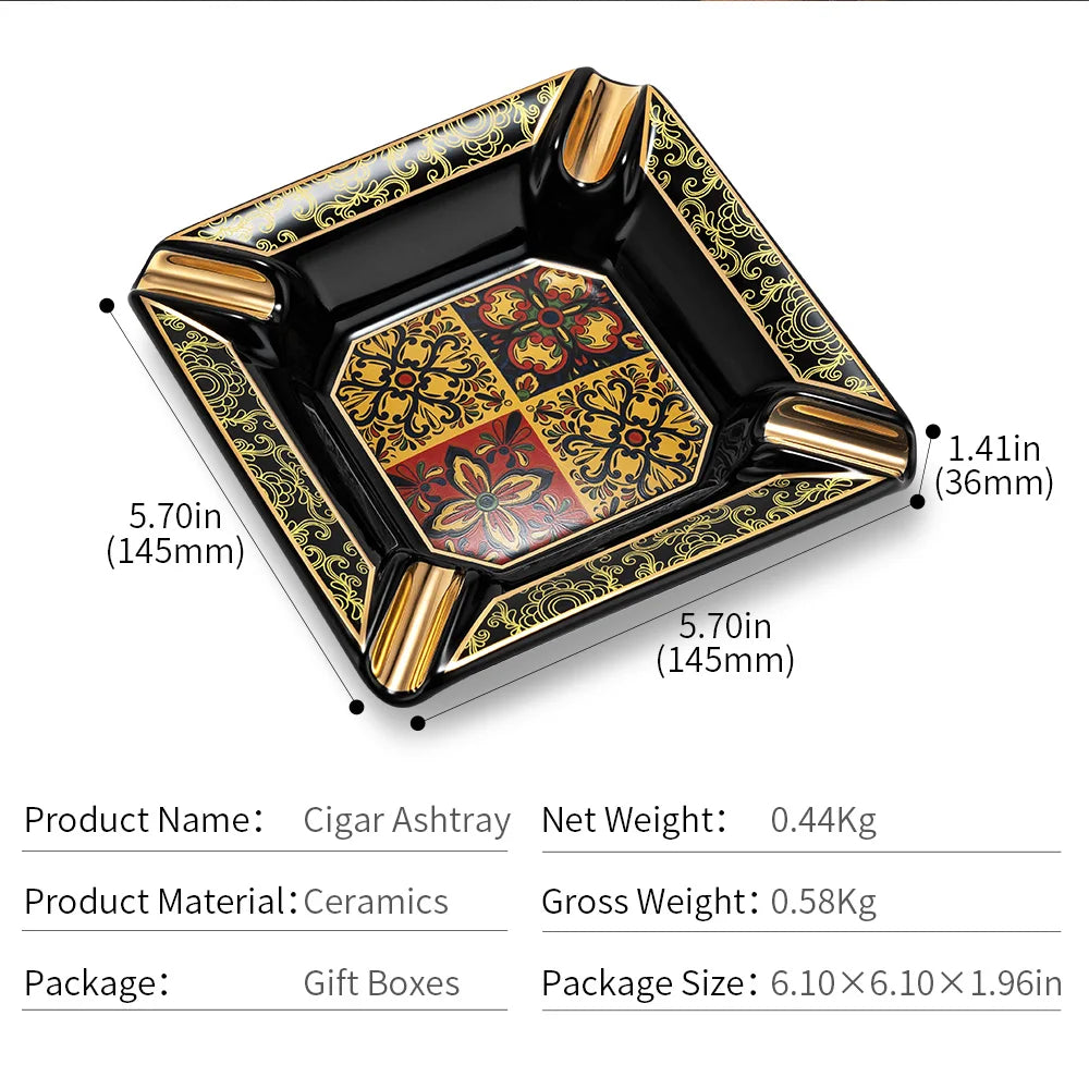Large Ceramic Cigar Ashtray | 4 Slot Decorative Pattern Gift Box