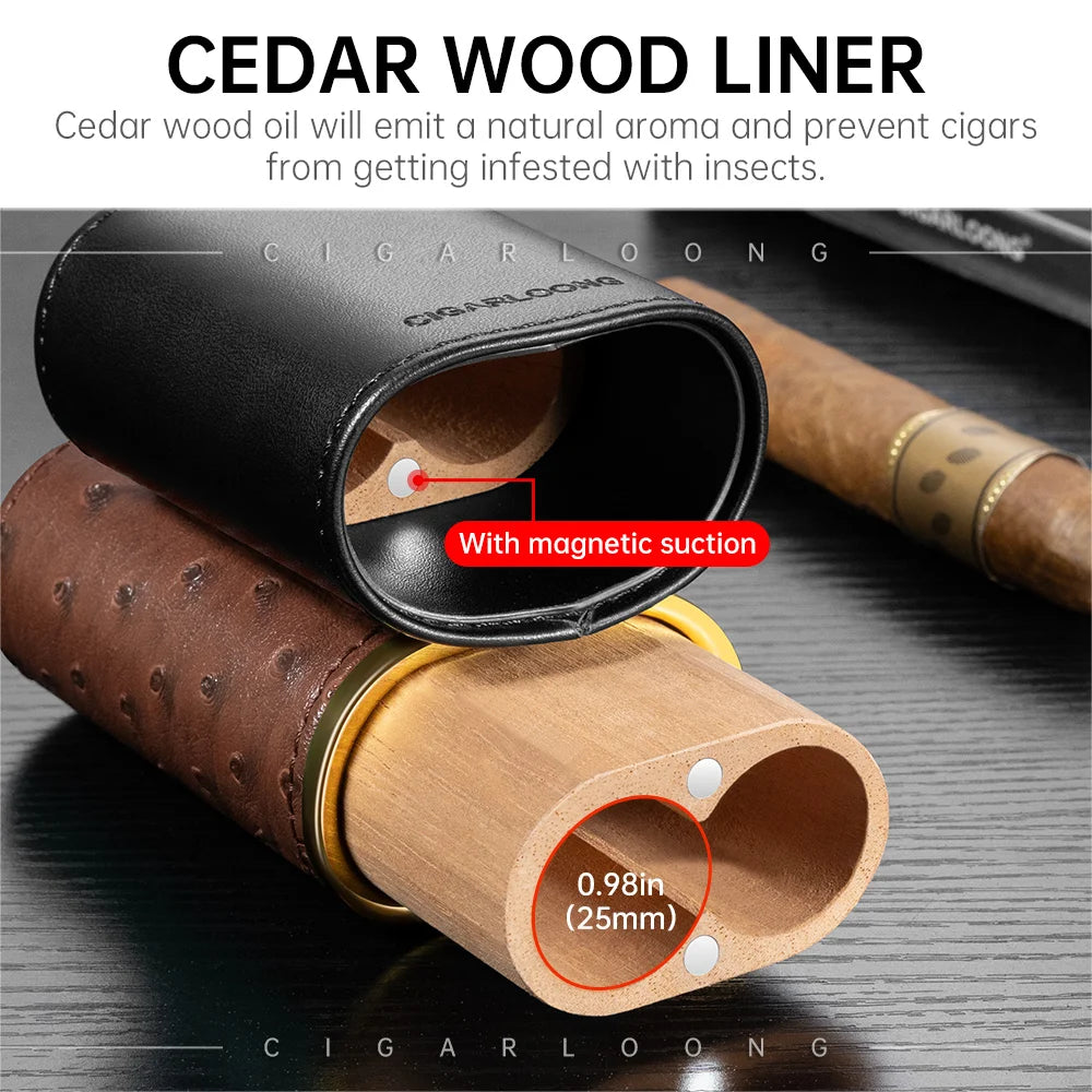 Premium Leather 2-Cigar Travel Case with Cedar Wood Lining - Portable Cigar Tube Holder | Exotic Leather Patterns