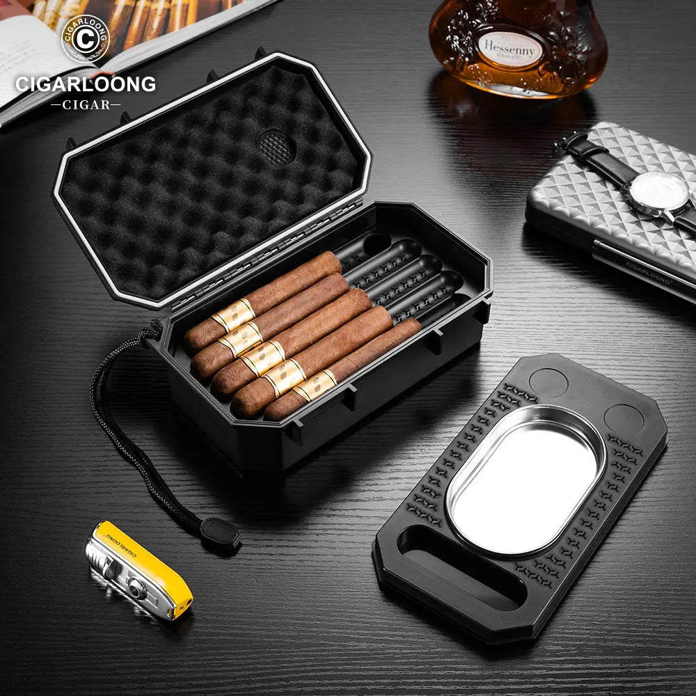 Portable Cigar Humidor Case - 10 Cigar Travel Holder with Hygrometer & Humidifier - Waterproof Storage Box