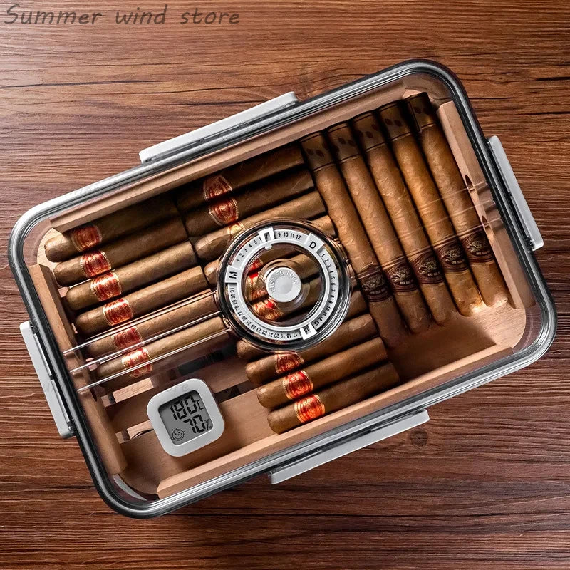 Acrylic Desktop Cigar Humidor with Cedar Wood - Transparent Display Box with Hygrometer & Humidifier | Modern Cigar Storage
