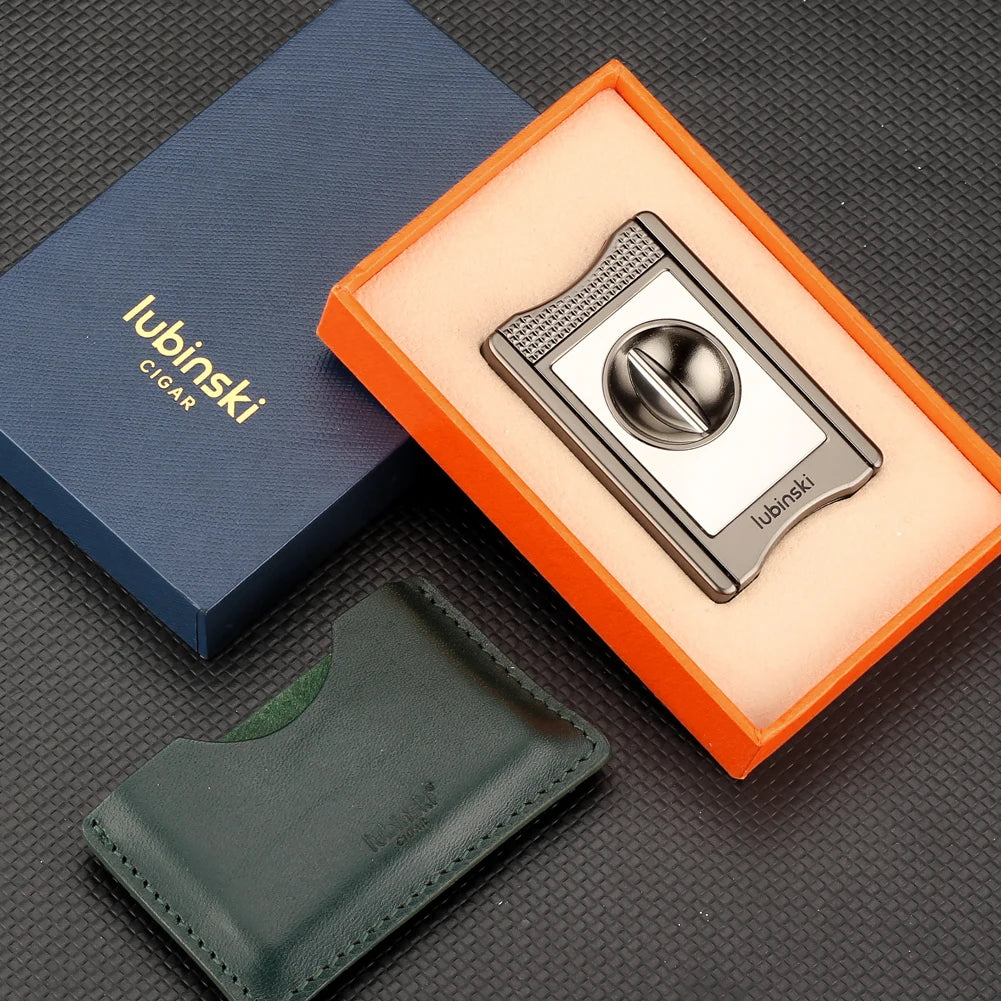 Premium Guillotine Cigar Cutter with Leather Pouch - Zinc Alloy Double Blade V-Cut | Pocket Cigar Accessories