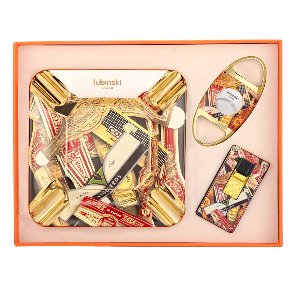 Cigar Accessories Gift Set - Torch Lighter, Cutter & Ceramic Ashtray in Luxury Box | Complete Cigar Starter Kit