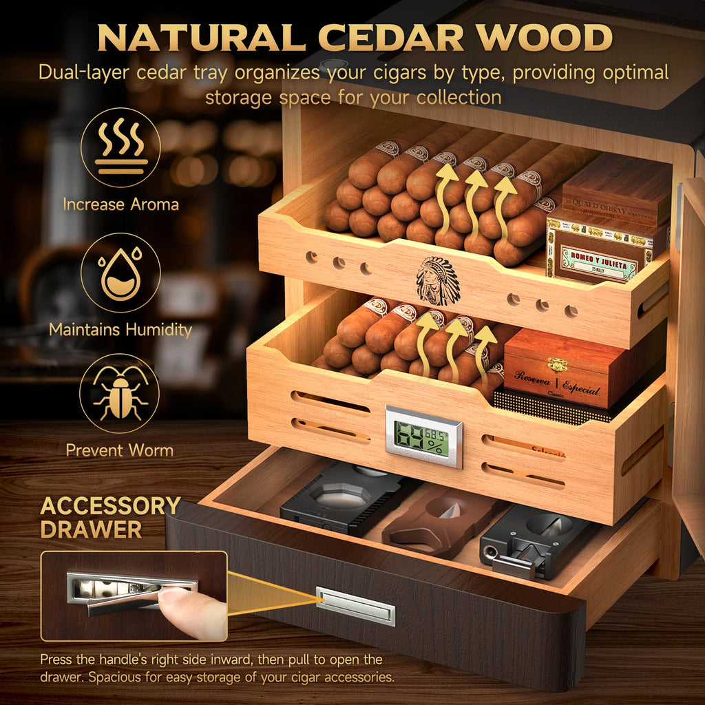 Desktop Cigar Humidor Cabinet - Cedar Wood 100 Cigar Capacity with Digital Hygrometer & LED Lighting | Premium Cigar Storage Box