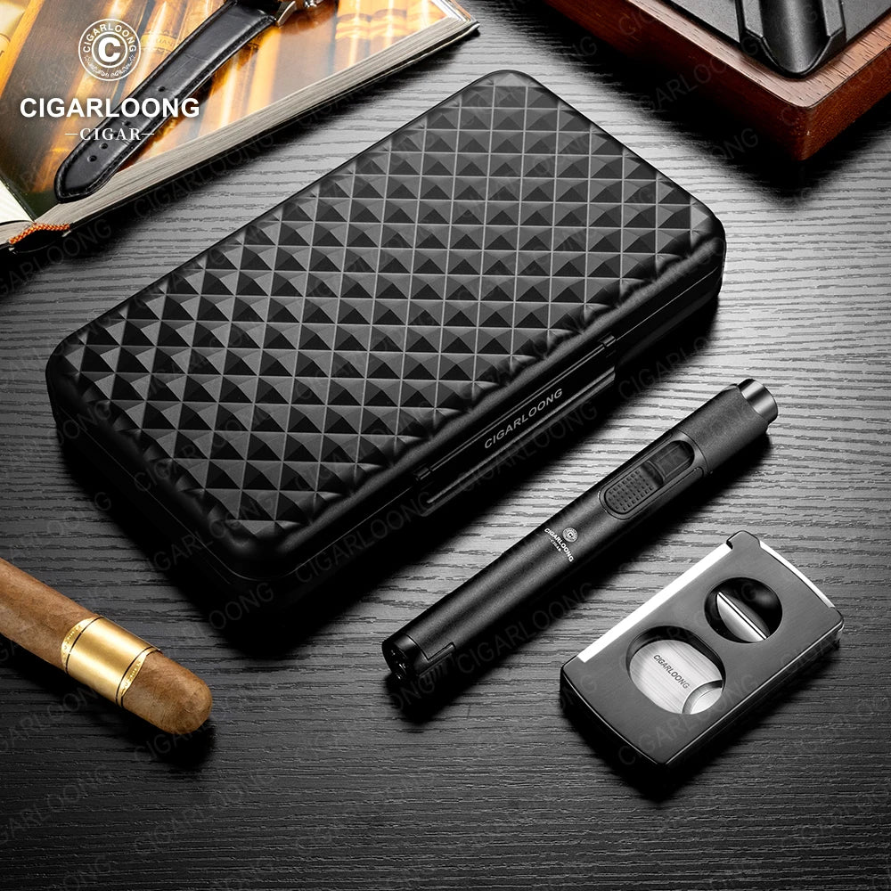 3-Piece Cigar Accessory Travel Case with Torch Lighter, V-Cutter & Humidor | Premium Aluminum Gift Set