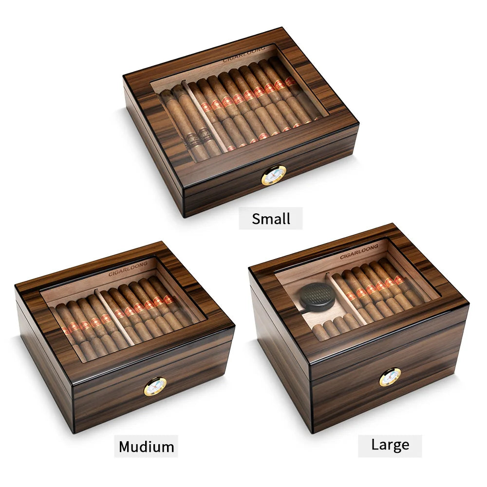Spanish Cedar Cigar Humidor with Hygrometer & Humidifier - Large Capacity Glass Top Humidor | Premium Ebony Grain Wood Storage Box