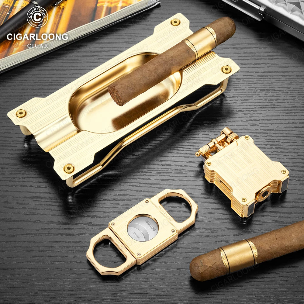Gold cigar cutter and humidor on a dark surface with 'Cigarloong' branding.
