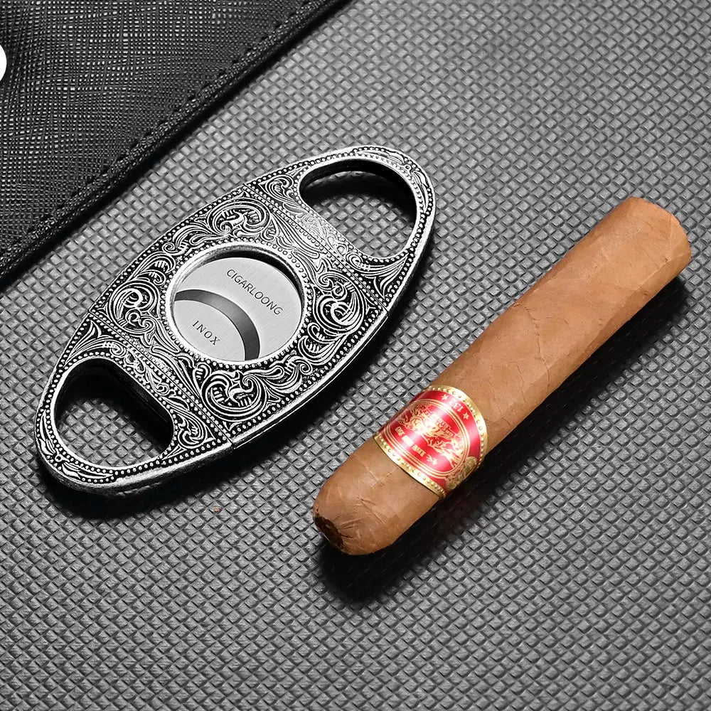 Premium Cigar Gift Set - Windproof Lighter, Cutter & Ashtray | Engraved Metal 3-Piece Cigar Accessories Kit