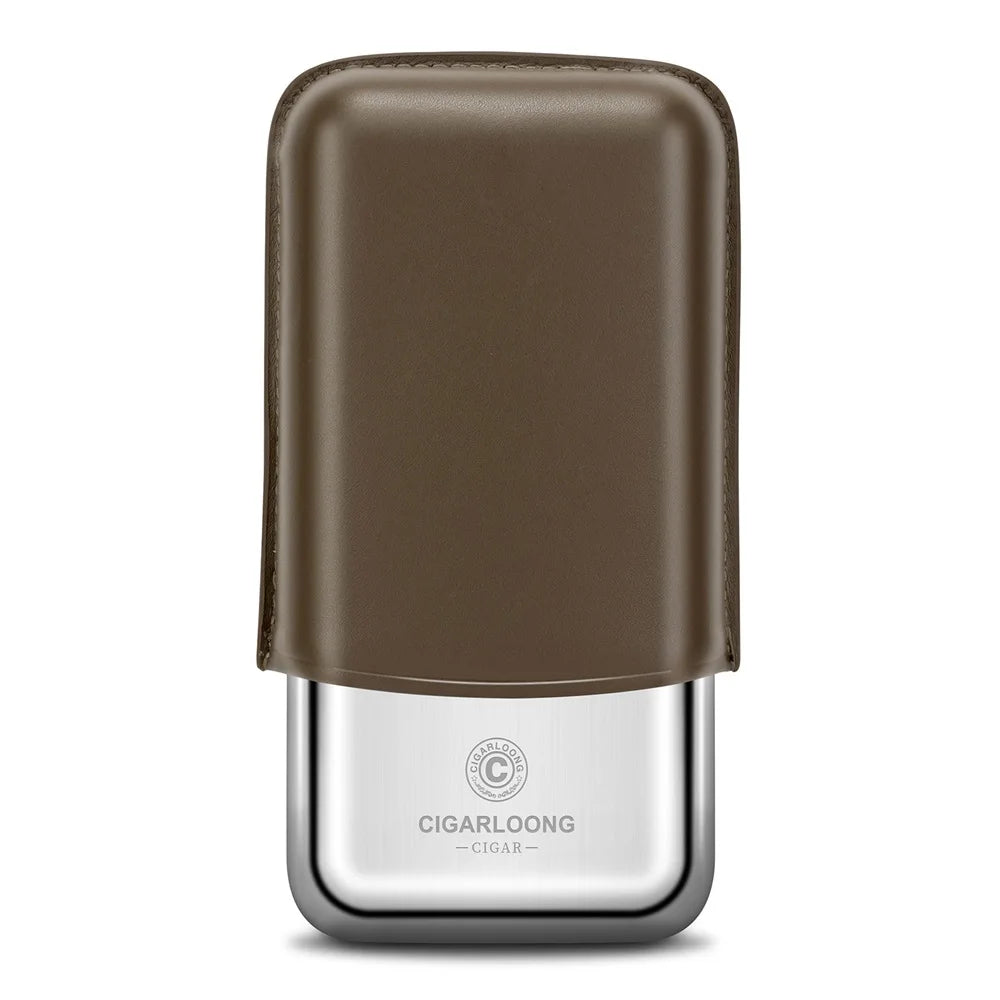 Leather 3-Cigar Travel Case with Stainless Steel Shell - Premium Cowhide Portable Humidor | Cigar Tube Holder