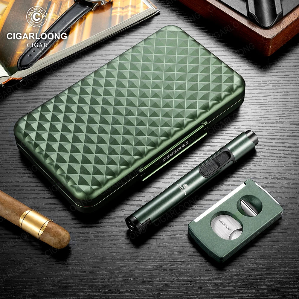 3-Piece Cigar Accessory Travel Case with Torch Lighter, V-Cutter & Humidor | Premium Aluminum Gift Set
