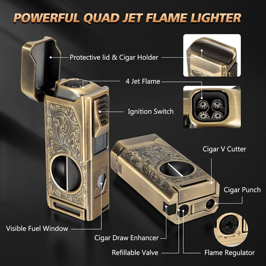 4 Jet Flame Cigar Lighter Set | V-Cut Cutter, Punch & Holder Gift Box