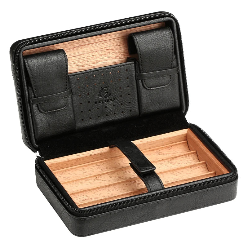 Leather Cigar Travel Case - 4 Cigar Humidor with Cedar Lining - Portable Storage with Cutter & Lighter Holder