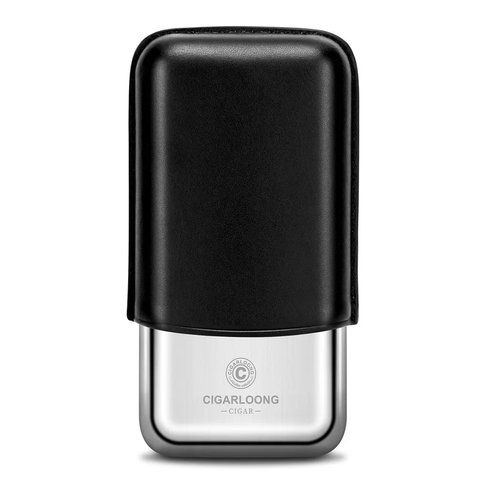 Leather 3-Cigar Travel Case with Stainless Steel Shell - Premium Cowhide Portable Humidor | Cigar Tube Holder